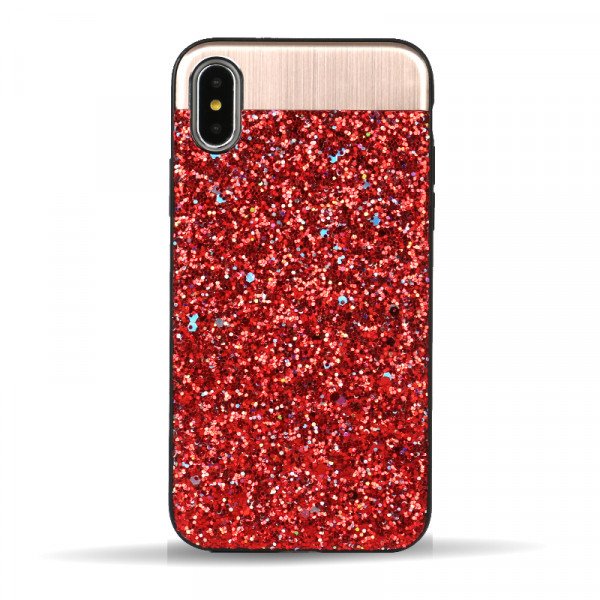 Wholesale iPhone X (Ten) Sparkling Glitter Chrome Fancy Case with Metal Plate (Red)